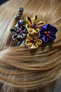 Handcrated Kanzashi Hair Clip with Black, Gold, and Purple Floral Design With Real Fresh Water Pearls