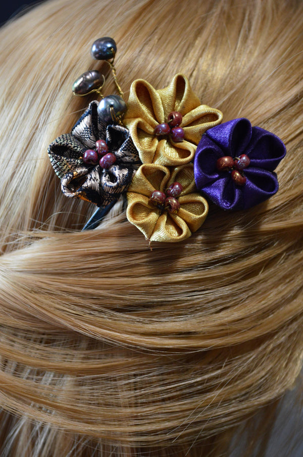 Handcrated Kanzashi Hair Clip with Black, Gold, and Purple Floral Design With Real Fresh Water Pearls