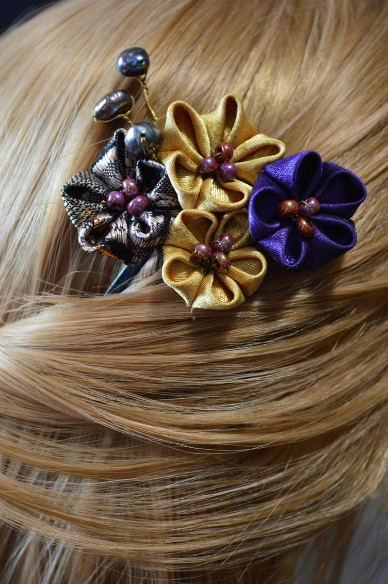 Handcrated Kanzashi Hair Clip with Black, Gold, and Purple Floral Design With Real Fresh Water Pearls