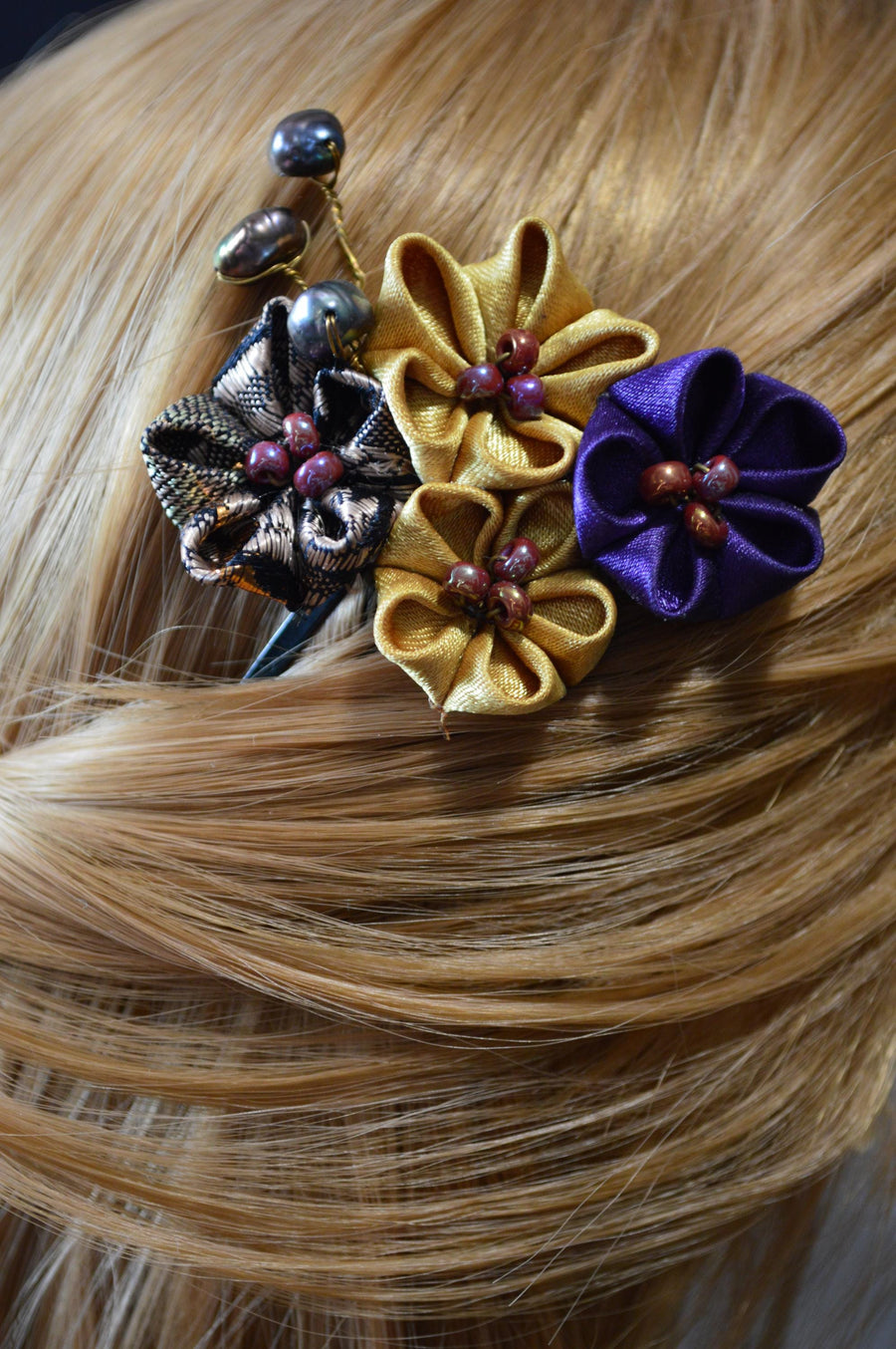 Handcrated Kanzashi Hair Clip with Black, Gold, and Purple Floral Design With Real Fresh Water Pearls