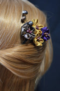 Handcrated Kanzashi Hair Clip with Black, Gold, and Purple Floral Design With Real Fresh Water Pearls
