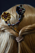 Handcrafted Kanzashi Hairpin with Black and Gold Floral Design With Real Fresh Water Pearls