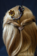 Handcrafted Kanzashi Hairpin with Black and Gold Floral Design With Real Fresh Water Pearls