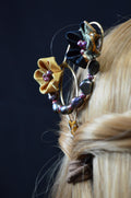 Handcrafted Kanzashi Hairpin with Black and Gold Floral Design With Real Fresh Water Pearls