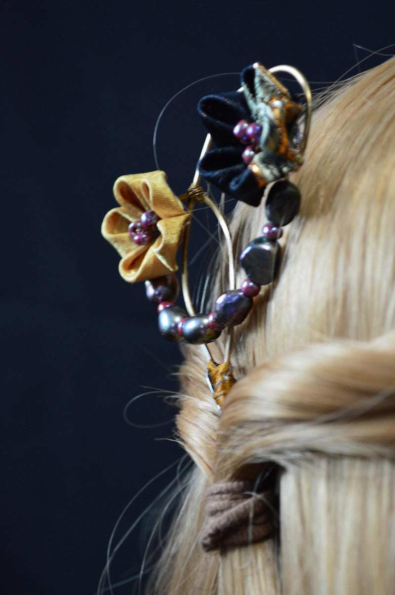 Handcrafted Kanzashi Hairpin with Black and Gold Floral Design With Real Fresh Water Pearls