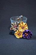 Handcrated Kanzashi Hair Clip with Black, Gold, and Purple Floral Design With Real Fresh Water Pearls