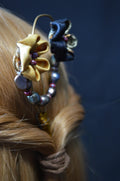 Handcrafted Kanzashi Hairpin with Black and Gold Floral Design With Real Fresh Water Pearls