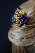 Handcrated Kanzashi Hair Clip with Black, Gold, and Purple Floral Design With Real Fresh Water Pearls