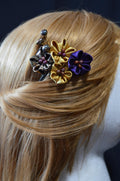 Handcrated Kanzashi Hair Clip with Black, Gold, and Purple Floral Design With Real Fresh Water Pearls
